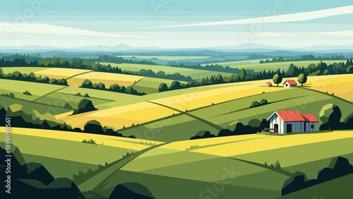 Rolling green hills with farmhouses in vibrant minimalist art style