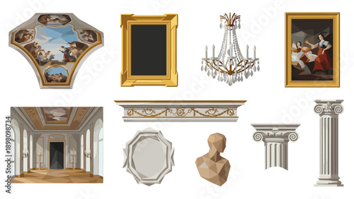 Classic interior elements: art, architecture, and sculpture in low-poly style