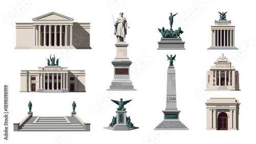 Classical monument collection: iconic european architecture in detailed flat design
