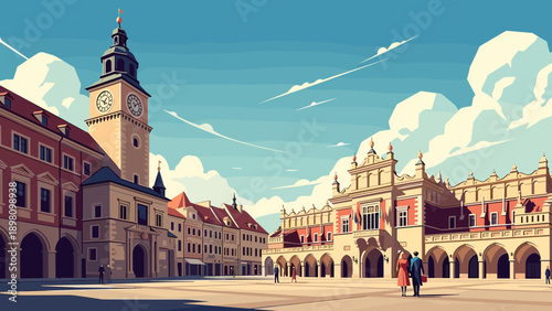 Historic european square with clock tower in flat design