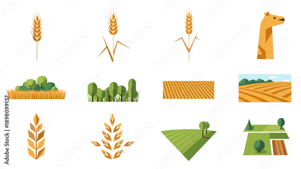 Obraz premium Modern flat farm icons collection: wheat, landscapes, and nature elements