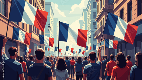 Peaceful urban demonstration with citizens waving flags in city street