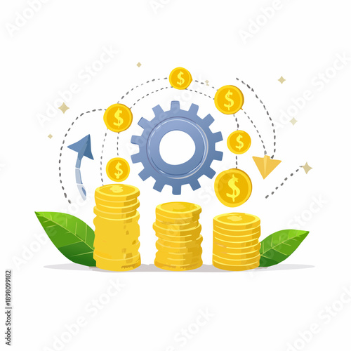 Financial growth and money management concept. Gold coin stacks, a central gear, and circulating dollar signs illustrate income generation, investment