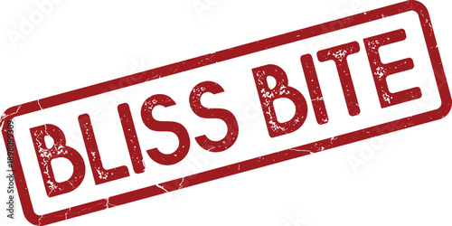 A vibrant red grunge style BLISS BITE rectangular stamp for pleasurable experiences