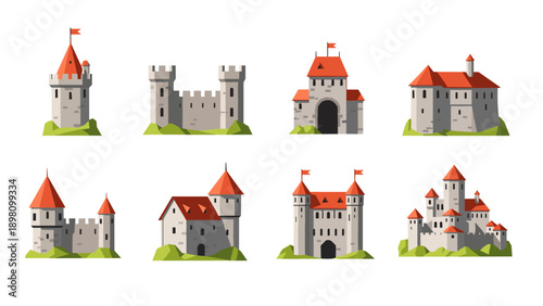 Medieval castles set with red roofs and turrets in flat design