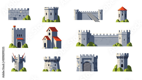 Medieval castle elements collection with stone towers and walls