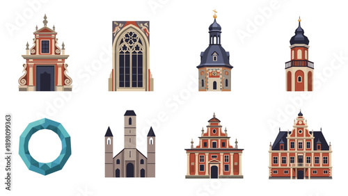 Collection of historic european building icons with architectural details