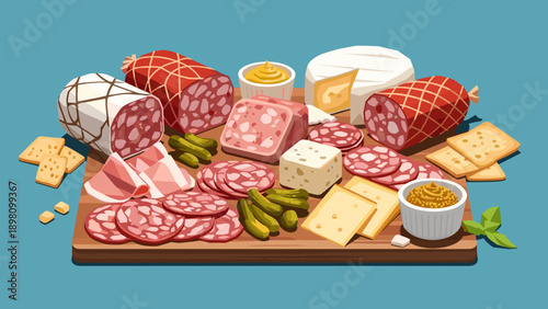 Assorted cured meats and cheese platter with crackers and pickles on wooden board