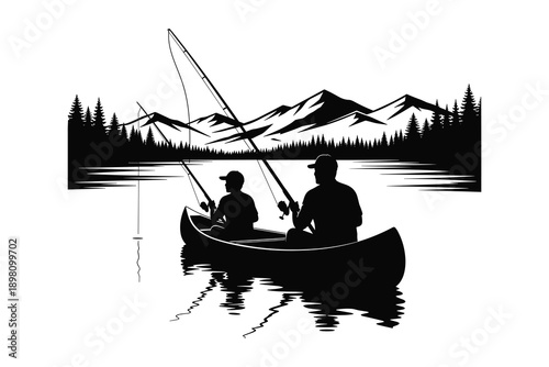 Father and Child Fishing in a Canoe
