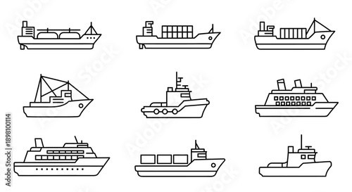 Detailed cargo and passenger ship line art icons for shipping.