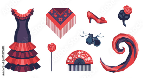 Traditional spanish fashion and accessories collection in red and black
