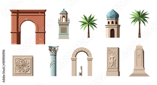 Architectural elements collection: arches, columns, and palm trees in flat design