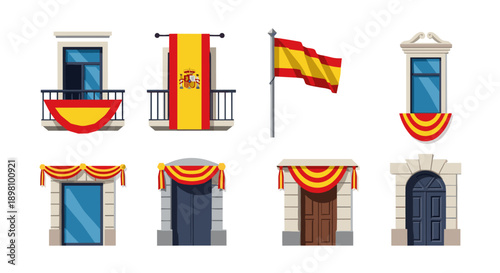 Spanish themed balcony and window designs with flags and decorative elements