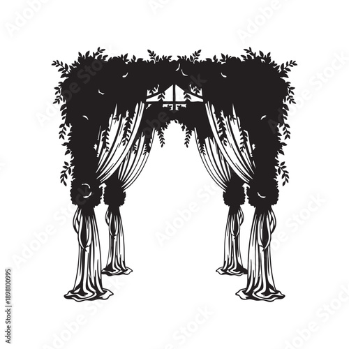 Elegant Wedding Archway Silhouette with Drapery and Foliage Black and White Design Romantic Celebration Ceremony Entrance Vector