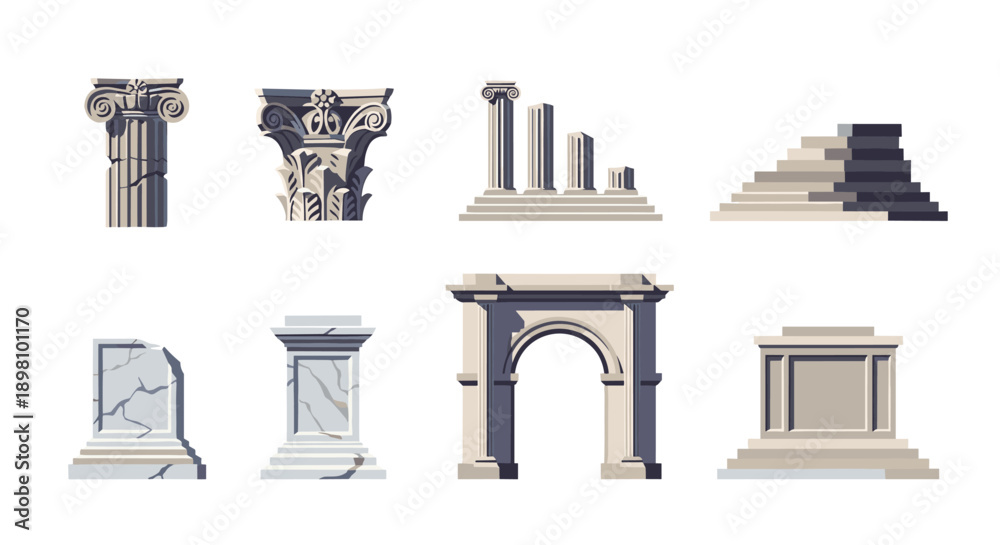 Fototapeta premium Ancient architectural elements set in flat style featuring columns, arches, and steps
