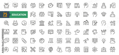 An education icon set. Contains icons related to school, college, university, learning, e-learning, knowledge sharing, lessons and achievements. Simple vector line icons collection.