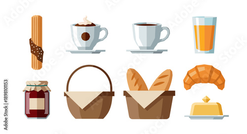 Flat breakfast icons featuring coffee, pastries, breads, and drinks