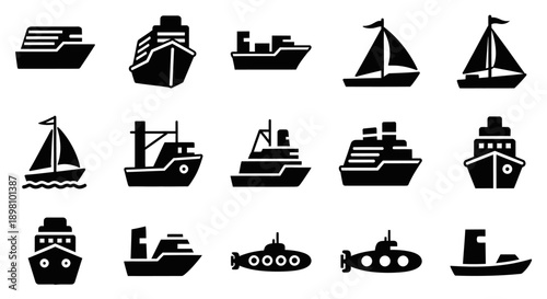 Solid black silhouettes of cargo ships submarines and marine vessels.
