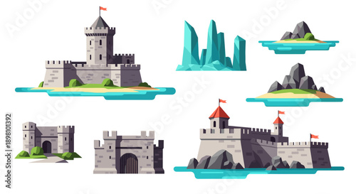 Medieval castle and fantasy landscape elements with crystal rocks and islands