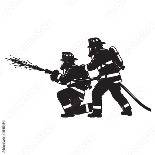 Heroic Firefighters Battling Blaze Intense Action Silhouette Fire Rescue Team Fighting Flames Spraying Water Emergency Response Courageous Professionals at Work