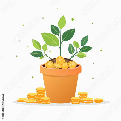 Illustration of a money tree growing from a pot filled with golden coins, symbolizing financial growth and investment