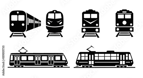 Public transport train and electric tram silhouettes on tracks.
