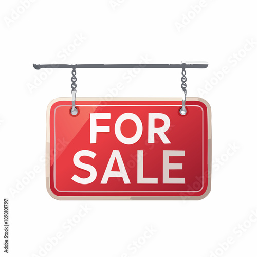 Bright red rectangular 'For Sale' sign hanging from metal chains, symbolizing property availability or a commercial transaction, isolated on a white background