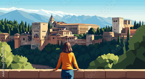 Woman enjoying scenic view of historic alhambra palace and mountains in geometric art style