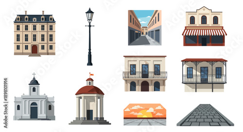 European architectural elements collection: classic building facades and street views