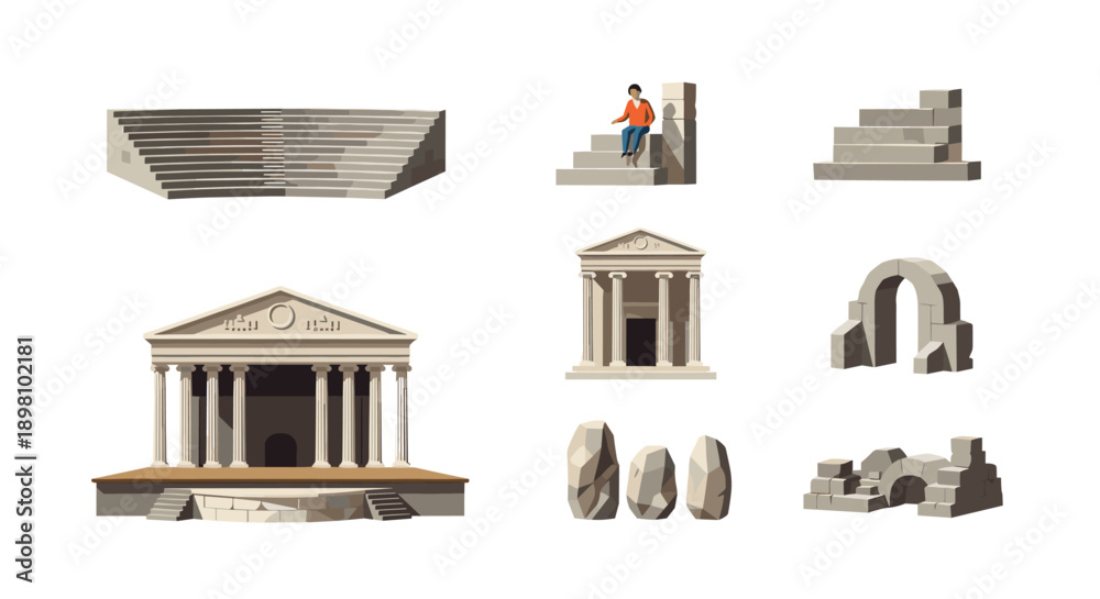 Obraz premium Ancient greek and roman architectural structures in isometric design