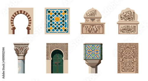 Elegant arabic architecture elements: arches, columns, and decorative patterns
