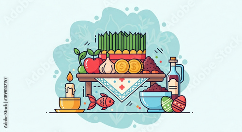 Vibrant food illustration with fresh vegetables and cooking ingredients on wooden table with candle and decorative