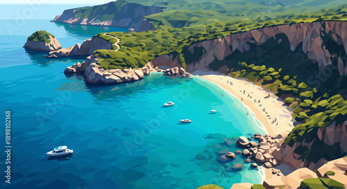 Low poly beach landscape with cliffs and vibrant ocean scene