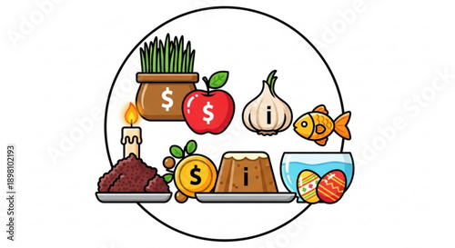 Assorted food items with currency symbols on a tray including fruits vegetables meat fish and coins in a circular frame