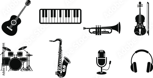 Acoustic guitar, piano keyboard, trumpet, violin with a bow, drum set, saxophone, vintage microphone, and headphones musical instrument silhouettes. 