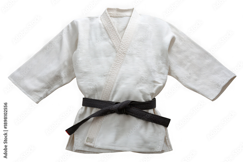 Traditional white karate uniform with black belt isolated on transparent background