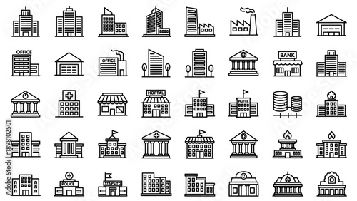 Collection of Various Building Icons and Illustrations.