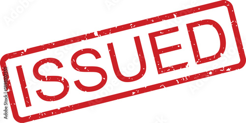 A prominent red rectangular grunge stamp displaying the word ISSUED against a stark white backdrop