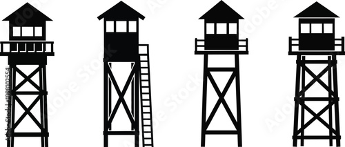 Observation and surveillance, watchtowers. Military defense guard towers. Lifeguard stations, hunting blinds silhouette
