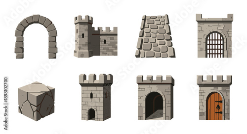 Medieval castle elements set with stone walls and towers in cartoon style
