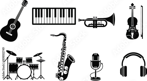 Acoustic guitar, piano keyboard, trumpet, violin with a bow, drum set, saxophone, vintage microphone, and headphones musical instrument silhouettes. 