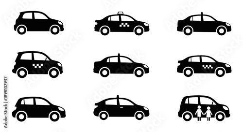 City taxi and family car silhouette icons with passenger details.