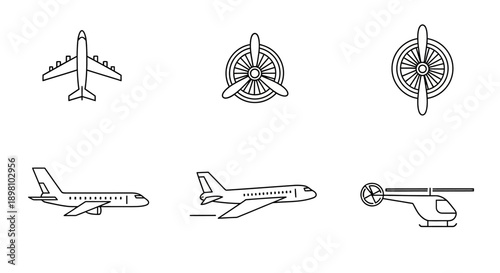 Aviation icons set featuring airplane, helicopter, and propeller engine.