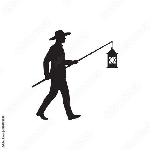 Silhouette of a Man in a Cowboy Hat Carrying a Lantern on a Pole Towards the Unknown Adventures in the Dark Exploring the Mysteries of the Night Journeying into the Wilderness Guided by Light