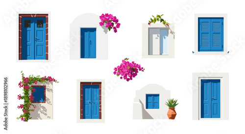 Charming mediterranean blue doors and windows with vibrant bougainvillea blooms and potted plants