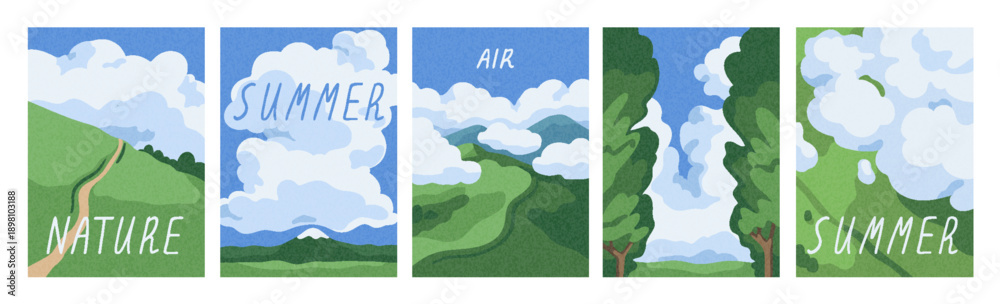 Fototapeta premium Summer nature landscape cards set. Peaceful countryside with green field, hill, fluffy cumulus clouds in sky. Calm country rural sceneries, serene outdoor environment. Flat vector illustrations