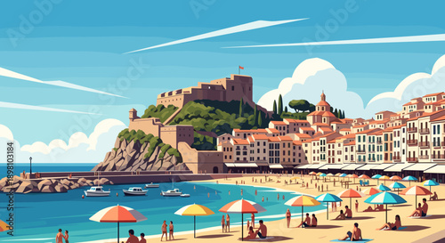 Scenic coastal beach town landscape with vibrant umbrellas and historic architecture