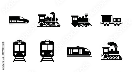 Railway transport icons with steam locomotive and modern bullet train.