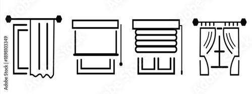 Window-related icon with curtains, thin vector icon set, black and white package