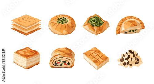 Polygonal middle eastern pastries collection: flat design baklava, börek, fatayer, samosa